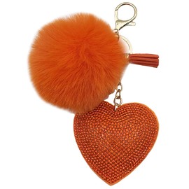Unpafcxddyig Pom Pom Keychain Fluffy Ball Tote Pendant with Tassels Heart Crystal Rhinestone for Car Phone Key Ring Bag Charm,orange