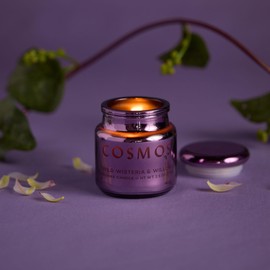 Paddywax Chroma Scented Candle with Lid in Reusable Metallic Etched Glass Jar, Clean- Burn Soy Candle with Approx. 14 Hour Burn Time, Violet – Cosmos, Wild Wisteria & Willow, 2.5 oz