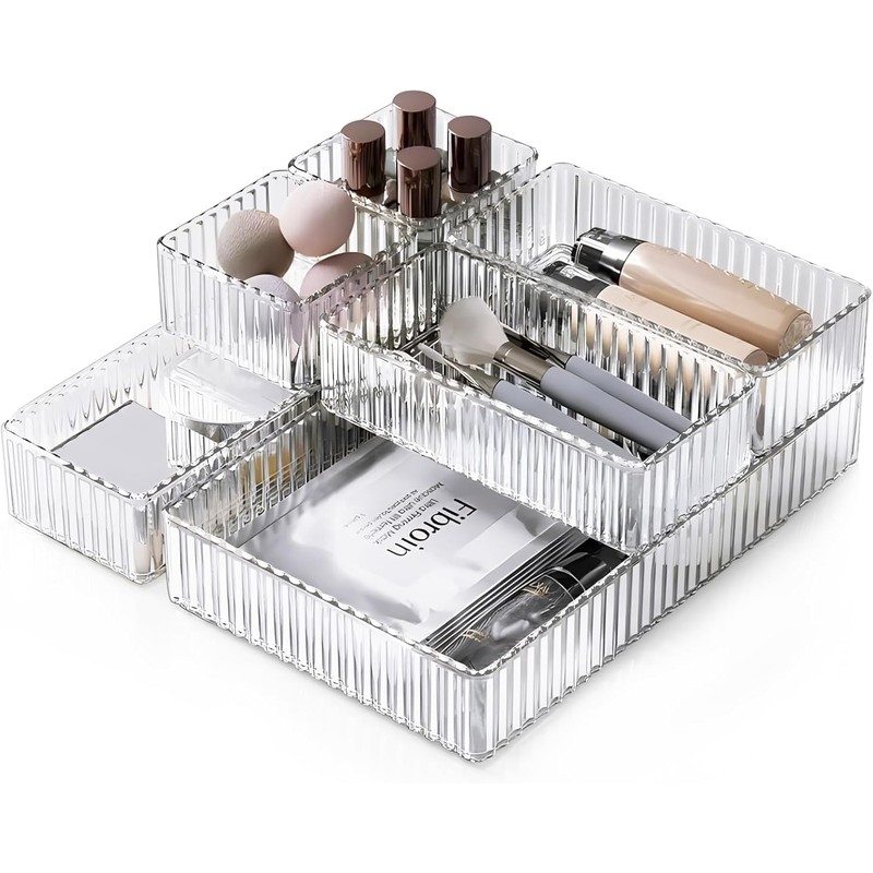 AUTUUCKEE 7pcs Clear Drawer Organizer, 4 Sizes Stackable Makeup Drawer
