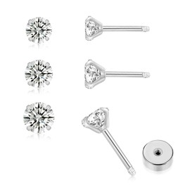 3Pairs CZ Stud Flat Screw Back Earring Studs for Women, Handmade 20G Hypoallergenic Screw Back Cartilage Helix Piercing Stud Earrings (2mm/3mm/4mm Silver, Diamond CZ)