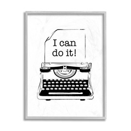 Stupell Industries Vintage Typewriter I Can Inspirational Phrase, Design by Martina Pavlova Grey Framed Wall Art, 11x14, White