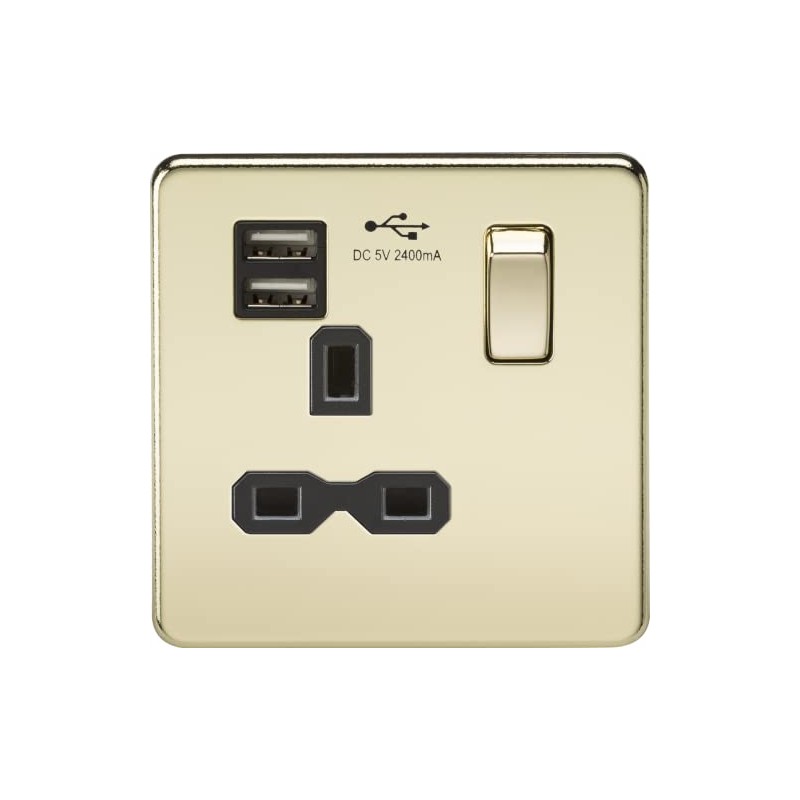 Screwless Single Switched Socket with Dual USB Charger in Polished