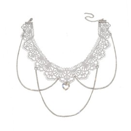Deelfel Women's Choker Necklace, Lace, White, Heart Pendant, Flow, Silver, Chain, Elegant, Feminine, Stylish, For Dating, Lace Metal Crystal, Crystal