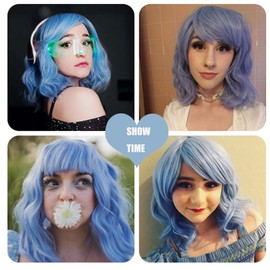 NiceLisa Women 16 Inches Loose Wave Medium Length Light Blue Cosplay Costume Wigs Side Bangs