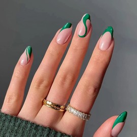 Almond Press on Nails Medium Length Fake Nails Full Cover French Tip False Nails with Green Swirls Designs Glossy Green Nail Tips Artificial Acrylic Nails for Women and Girls Summer DIY Nail Manicure
