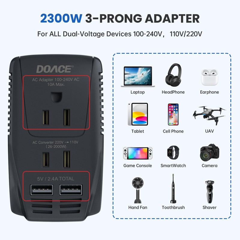 Upgraded 2000W 220V to 110V Converter for European Travel, Voltage