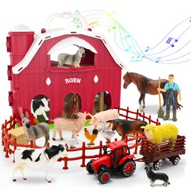 Red Barn Toys for Toddlers 1-3, Farm Animal Figures Playset with Tractor for 2 3 4 5 Year Old Kids, Musical Preschool Montessori STEM Learning Toys, Easter Christmas Birthday Gifts for Boys Girls
