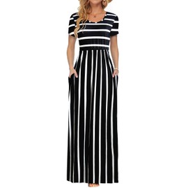 AUSELILY Women's Short Sleeve Loose Plain Casual Long Maxi Dresses for Women 2025 Black White Stripes M