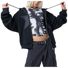 Karwuiio Women Y2k Zip Up Hoodies Star Graphic Long Sleeve Jackets Hip Hop Harajuku Oversized Hooded Sweatshirt(Black,M)