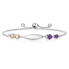 Gem Stone King 0.69 Ct Heart Shape Purple Amethyst 925 Silver and 10K Yellow Gold Lab Grown Diamond Bracelet For Women
