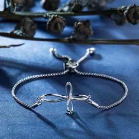 NINAMAID Cross Bracelet for Women Infinity Charm Expandable Bolo Bracelet with Cubic Zirconia Adjustable White Gold Jewelry for Women