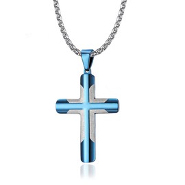 NEHZUS Men's Stainless Steel Black Gold Blue Cross Pendant Necklace for Men Lord's Prayer Necklace Heavy Twist Chain 23.6 Inches (Blue)