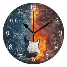 AUUXVA Ice Fire Rock Music Guitar Wall Clock Silent Non Ticking Round Clock for Bedroom Living Room Office Home Decor