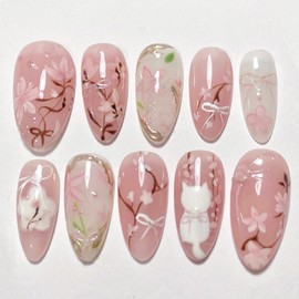 30Pcs Pink Press on Nails Medium Almond Fake Nails Summer Pink Peach Blossom Designs Cute Cat Bow False Nails Full Cover Acrylic Stick on Nails Artificial Glue on Nails for Women Nail Decoration