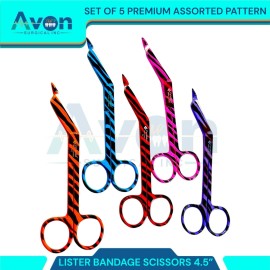 Avon Surgical Set of 5 Lister Bandage Scissors 4.5in, Multi-Color, Zebra Pattern-German Steel
