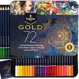Castle Art Supplies Gold Standard 72 Colouring Pencils Set | Quality Oil-based Coloured Cores Stay Sharper, Tougher Against Breakage | For Adult Artists, Colourists | In Presentation Tin Box