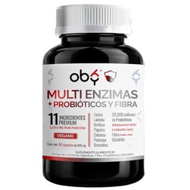 Oby Multi Enzimas digestivas, Probióticos | 7 tipos enzimas + Probióticos Bifidobacterium y Lactobacilos + Fibra Psyllium Husk + Glutation | 60 caps veganas 60 días