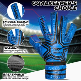 TOROGA Football Goalkeeper Gloves For Boys, Kids Children Youth Soccer Goalie Gloves with 4mm Latex Finger Spine Protection (Blue Flat+Negative Cut, 5 - For 9-12 Years, Ambidextrous)