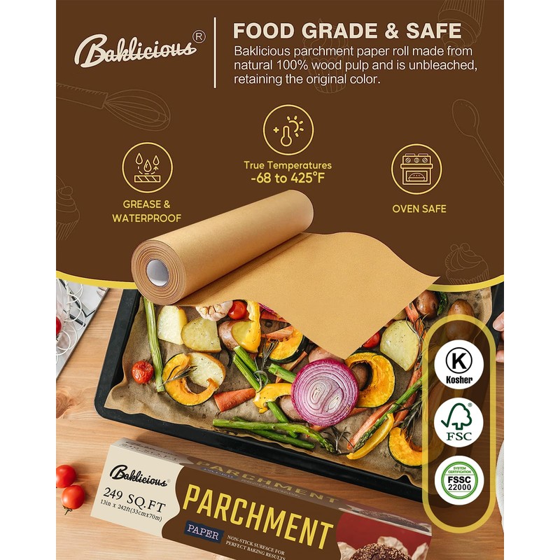 Unbleached Parchment Paper Roll for Baking, 13 in x 242
