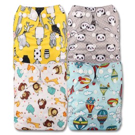 Littles & Bloomz, Reusable Pocket Cloth Nappy, Fastener: Popper, Set of 4, Patterns 406, with 4 Bamboo Charcoal Inserts