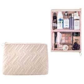 Leudes Makeup Bag Travel Essentials Cute Skincare Pouch Purse Cosmetic Bags for Women Traveling Make Up Organizer Portable Clear Case Toiletry Bag with Zipper (Beige, Medium)