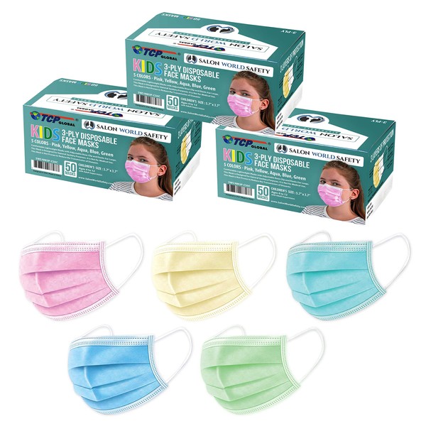 TCP Global Salon World Safety - Kids Face Masks 150 Pk 3-Ply Protective PPE (5 Colors, 30 Each)