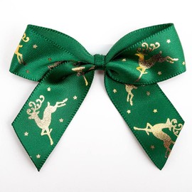 Italian Options Gold Reindeer Stag Christmas Bows 12 Piece Pack, 5cm Bow Width, Green Satin