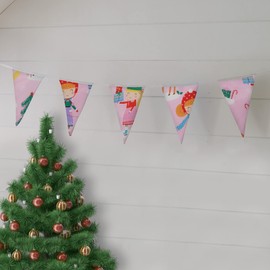 Mädchen/Unisex Wimpelgirlande für Schlafzimmer - festliches Weihnachtsmotiv mit Weihnachtsbaum, Schlittschuhfahren und Dackel - mit dreieckigen Wimpeln - doppelseitig - Rosa - 3,1 m lang