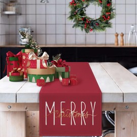 ONWAY Merry Christmas Gold Table Runner Winter Xmas Holiday Kitchen Dining Farmhouse Table Decor for Indoor Outdoor Home Party Decorations 13x72 Inch Red