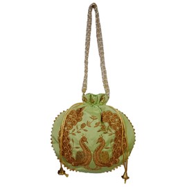 Purpledip Silk Potli Bag (Clutch, Drawstring Purse): Intricate Gold Thread & Sequin Peacock Embroidery Satchel For Women, Lime Green (11474C)