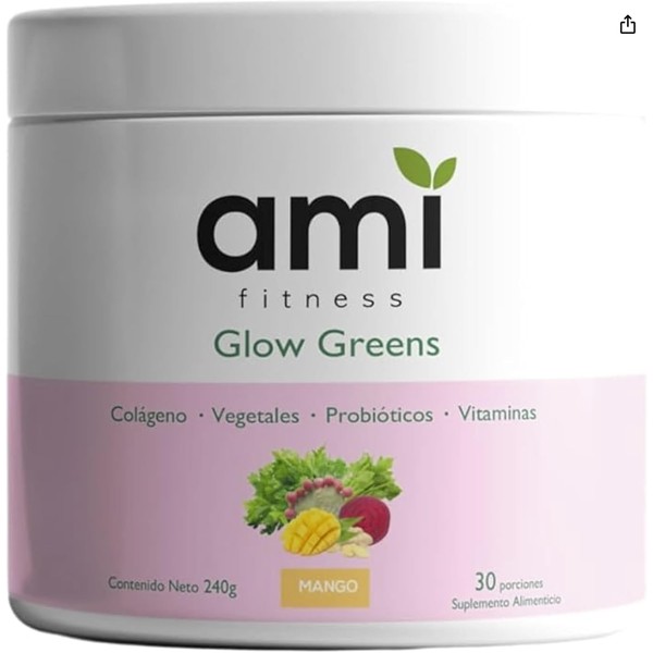 Ami Fitness Glow Greens, Polvo Verde con Colágeno - 30ct,