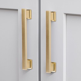 VEHCIL 10 Pack Square Brushed Brass Cabinet Pulls, 7 Inch(178mm) Hole Centers Gold Cabinet Handles Hardware for Kitchen Cupboard Closet Bathroom Dresser Drawer, Solid Zinc Alloy