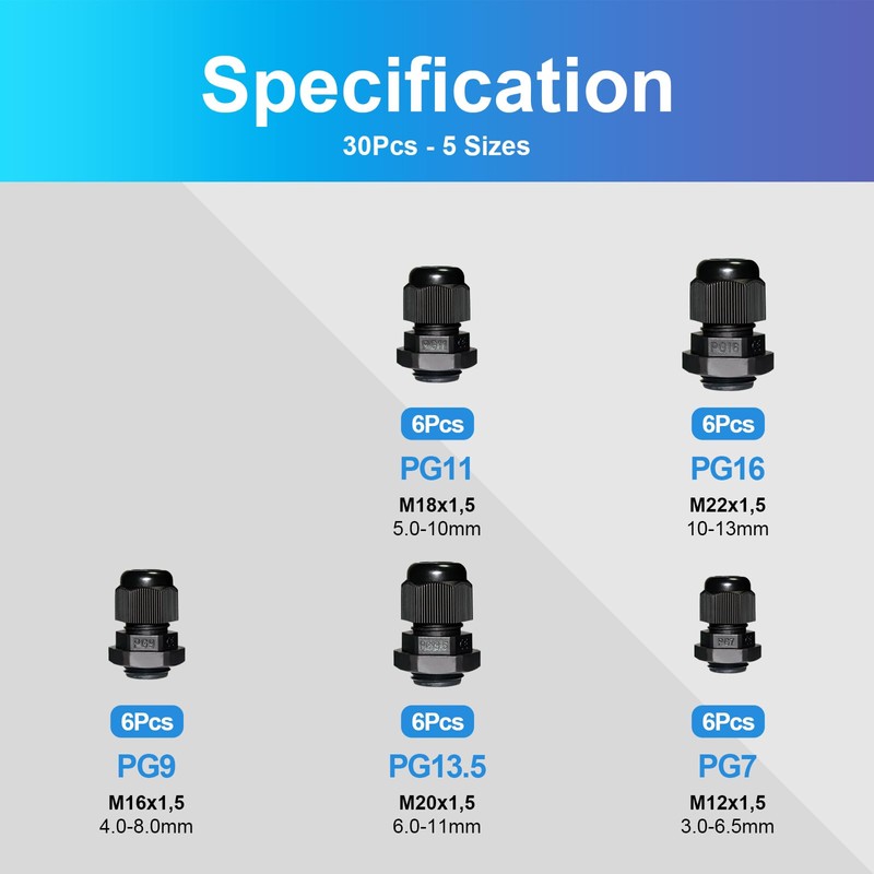 Pack of 30 Waterproof Cable Glands PG7, PG9, PG11, PG13.5,