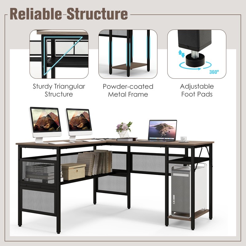 COSTWAY L Shaped Desk with Charging Station, 55” Reversible Corner