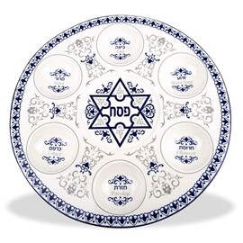 Zion Judaica Porcelain Seder Plate 13.5" Round Seder Tray with Byzantine & Fleur De Lis Designs 6 Sectional Passover Plate with Hebrew & English Markings Dishware for Passover Celebration