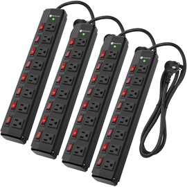 4PCS 8 Outlet Heavy Duty Power Strip with 8 Individual Switches,Moutable Metal Power Strip Surge Protector 1200 Joules,6FT 14AWG Extension Cord,15A 1800W 125V 60Hz