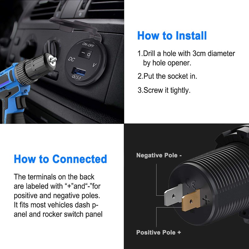 Qidoe USB car socket, car charger socket, built-in socket 12