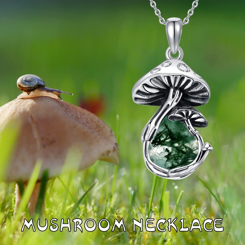 YAFEINI Mushroom Necklace Moss Agate Sterling Silver Mushroom Pendant Mushroom