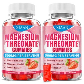 XIAAN Magnesium L-Threonate Gummies 500mg, Suagr-Free Magnesium Threonate Supplement for Kids & Adults Muscle & Nervous Health Support, Strawberry Flavor 120 Count