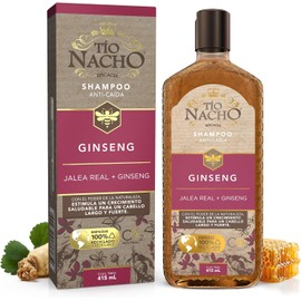 TÍO NACHO - Shampoo Anti-Caída. Estimula y fortalece crecimiento saludable de la fibra capilar, con jalea real y extractos de ginseng, romero, aloe vera y jojoba. Empaque 100% reciclado, botella con 415ml