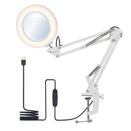 Mingzhe LED Clamp-on Table Lamp with 8X Magnifier Swing Arm Dimmable 3 Color Modes & 10 Brightness Levels for Reading Working White (White)