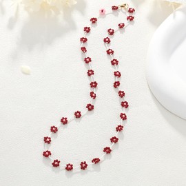KELITCH Women Flower Bead Necklaces Hand Woven Choker Necklaces Bohemian Beach Jewelry (Red Pink 18A)