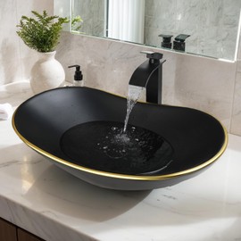 Sinku Mccut Ceramic Matte Black Bathroom Sink with Gold Trim,Oval Porcelain Vessel Sink with Faucet and Drain Combo,Above Counter Wash Basin Sink bowl