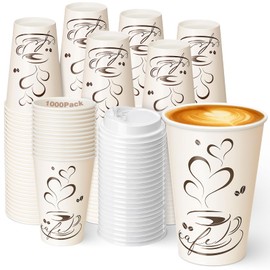 1000 Pack 12 oz Disposable Coffee Cups with Lids, Paper to Go Cups for Hot & Cold Drinks for Cafe, Office, Events, Parties (White Lid)