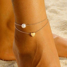 Handcess Boho Heart Anklets Gold Pearls Ankle Bracelets Layered Beach Foot Chain for Women and Girls