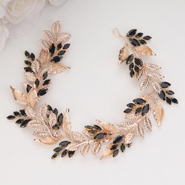 Teyglen Crystal Bridal Hair Vine Rhinestone Wedding Headband Gold Leaf Hair Vine for Bride Hair Accessories Black Rhinestone Hair Vine Headpiece for Women Girls (Black)