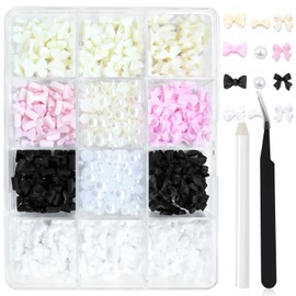LuckForever 12 Gird 3D Bow Nail Charms Acrylic Nail Decoration Kit Cute Nail Bow Charm Gold Silver Pearl Beads Flower Pink White Nail Charm Black Bow Accessoires Resin Crafts Makeup Supplies