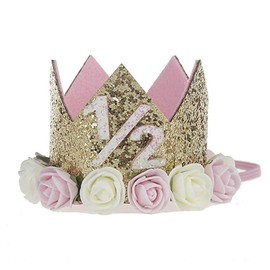 Corona de primer cumpleaños para bebé, diseño de corona con número 1/2 de decoración solar, sombrero de cumpleaños de princesa, estilo dorado brillante, decoración de cumpleaños de 1/2, tiara, corona para tartas, accesorio para fotos, rosa