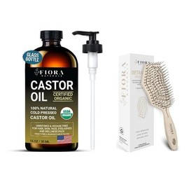Fiora Naturals Castor Oil Organic Cold Pressed Unrefined Glass Bottle For Hair Growth, Skin, Caster Oil for Eyelashes, Brows, Hair Detangling Brush -100% Bio-Friendly Hair Detangler Brush w/Ultra-soft Bristles
