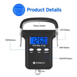 Etekcity Fishing Scale with Backlit LCD Display, 110lb/50kg Digital Electronic Hanging Hook Scale with Batteries and Carry Pouch Included, Black, Non-Slip Handle